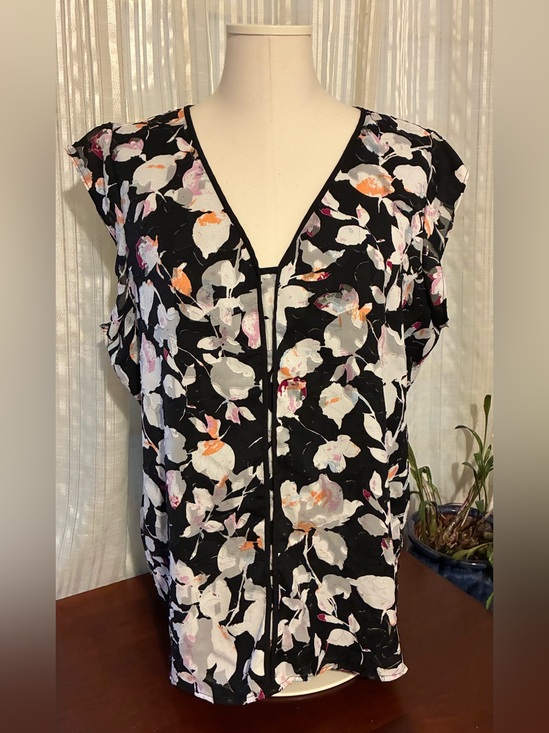 DKNYC Tops - DKNYC Black Floral V-Neck Tank with Pink & Orange Accents